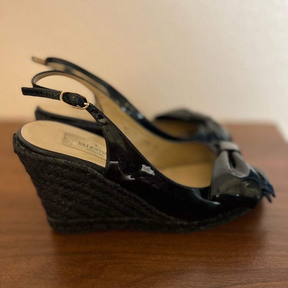 Valentino Black Patent Leather Mena Espadrille Wedge Slingback Sandal Size 5.5 - Picture 4 of 8